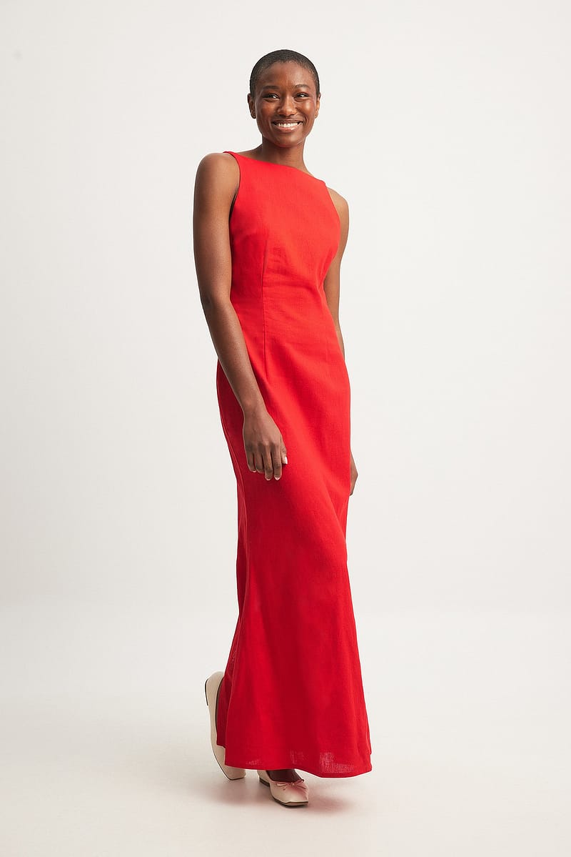 Linen Blend Open Back Maxi Dress
