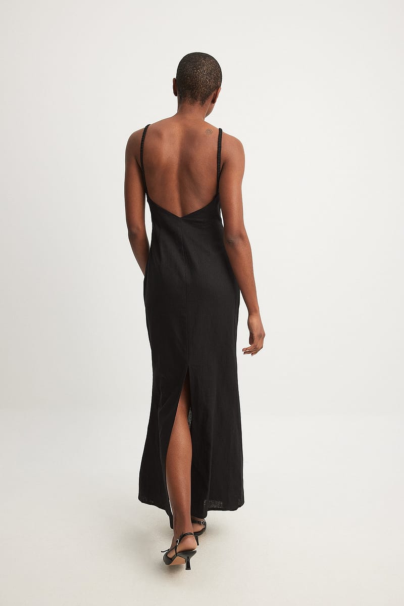 Linen Blend Open Back Maxi Dress - Black