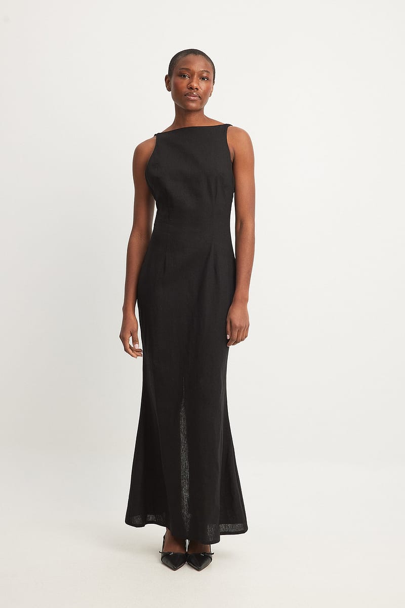 Linen Blend Open Back Maxi Dress - Black