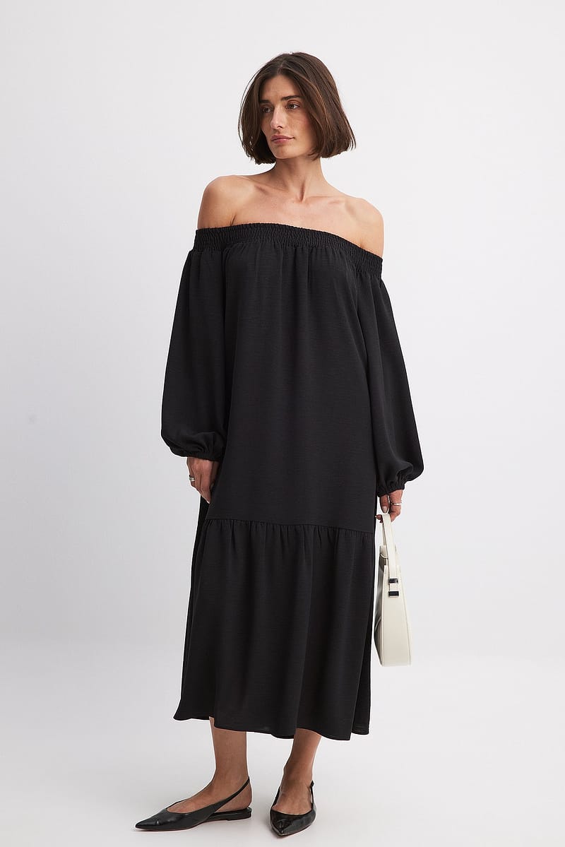Off Shoulder Long Sleeve Midi Dress - Black