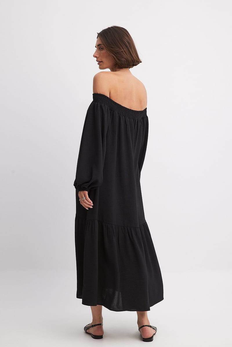 Off Shoulder Long Sleeve Midi Dress - Black