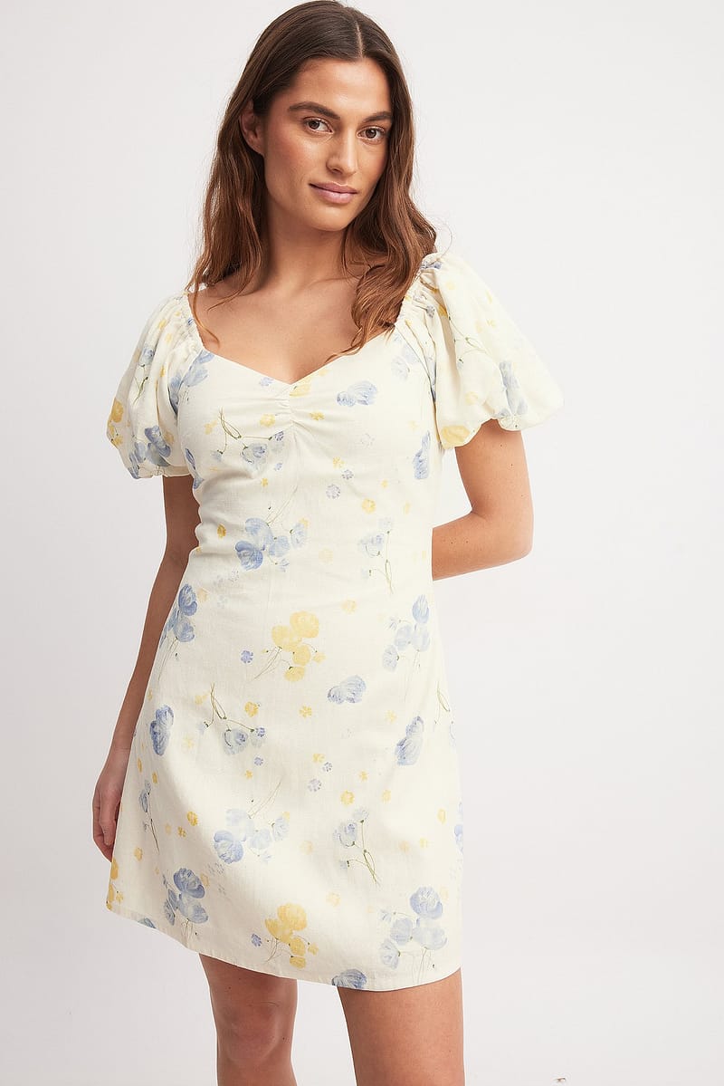 Linen Blend Puff Shoulder Mini Dress - Flower