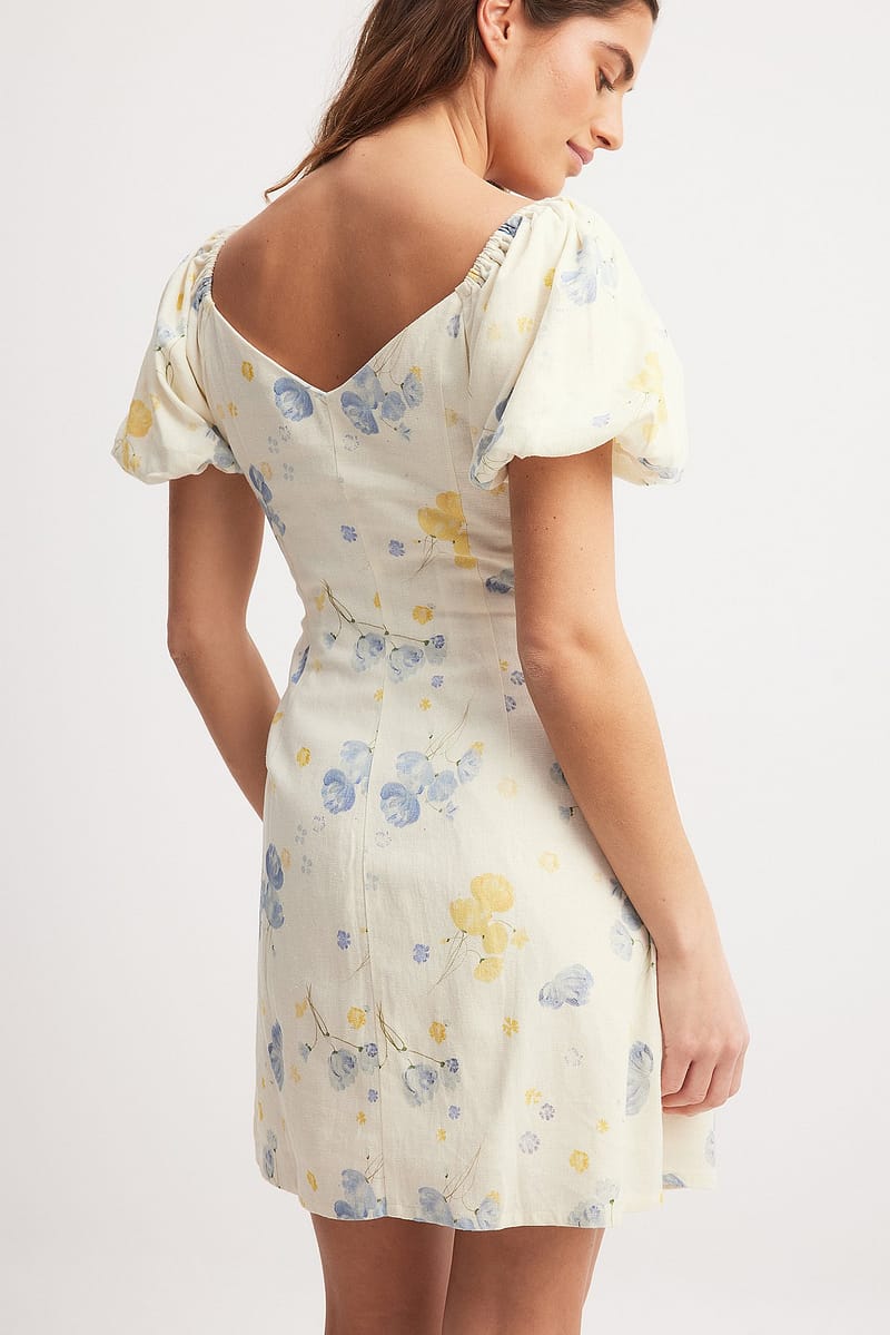 Linen Blend Puff Shoulder Mini Dress - Flower