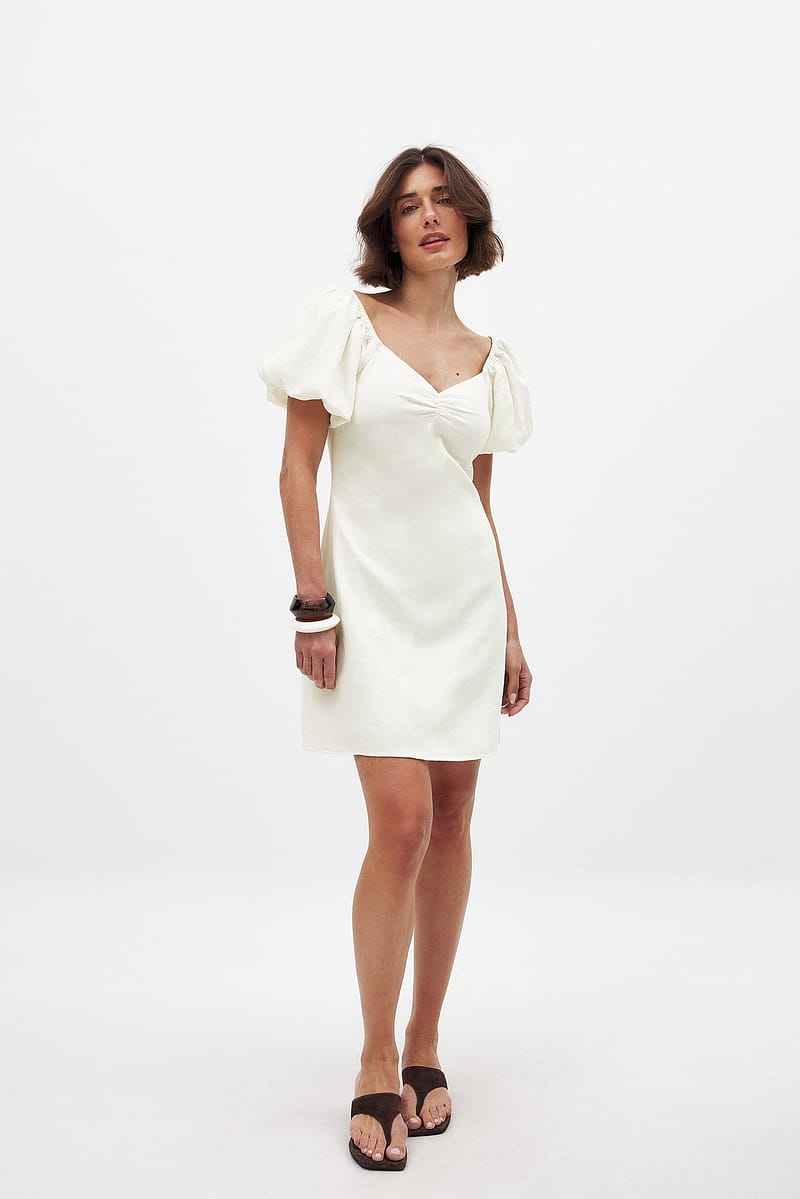 Linen Blend Puff Shoulder Mini Dress - Offwhite
