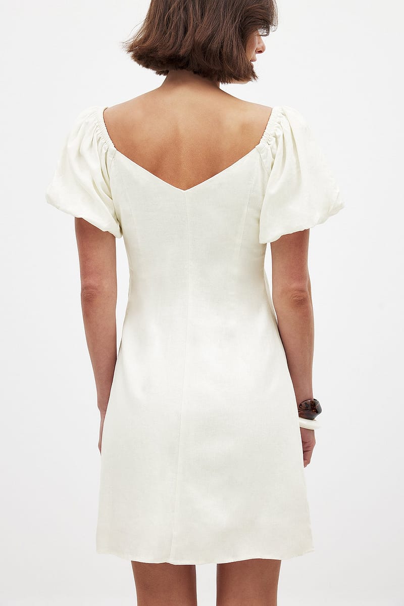 Linen Blend Puff Shoulder Mini Dress - Offwhite