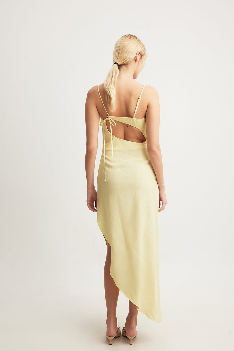 Linen Blend Asymmetric Open Back Midi Dress