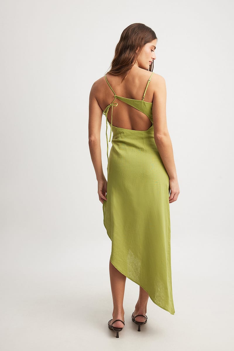 Linen Blend Asymmetric Open Back Midi Dress - Green