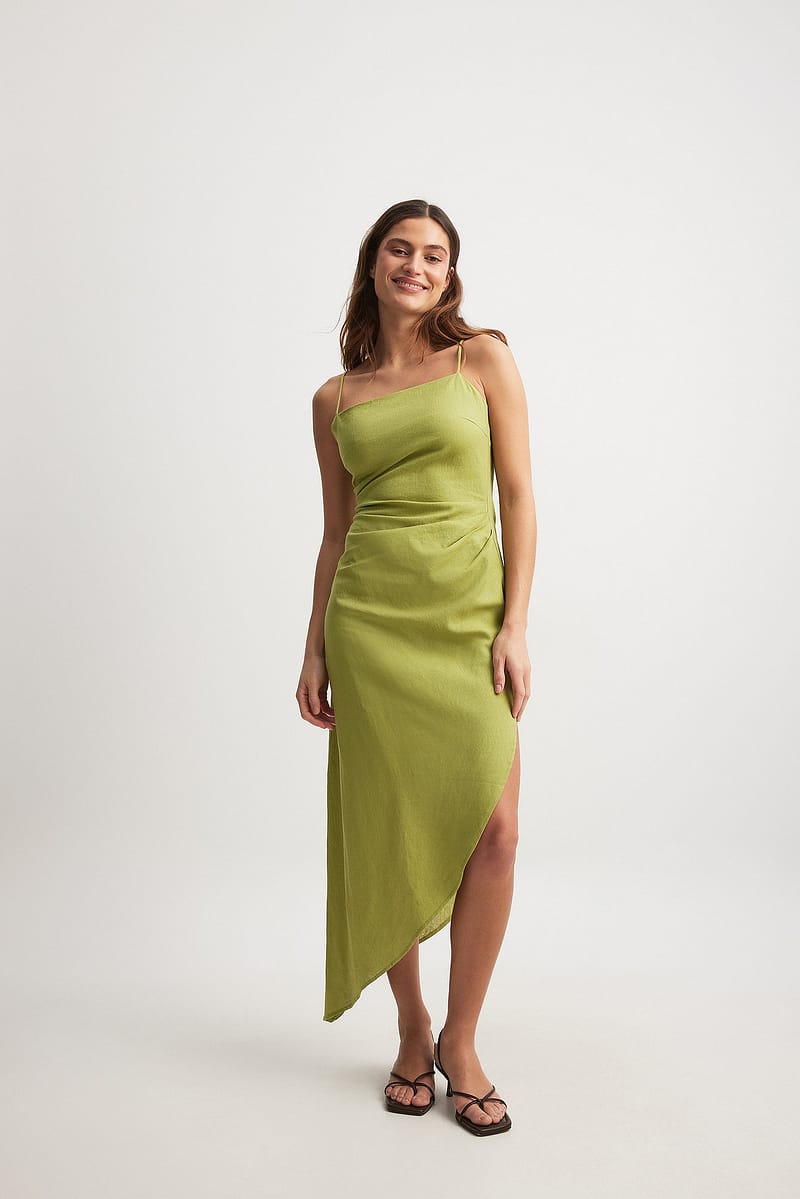 Linen Blend Asymmetric Open Back Midi Dress - Green