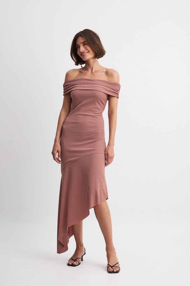 Off Shoulder Flounce Midi Dress - Pink
