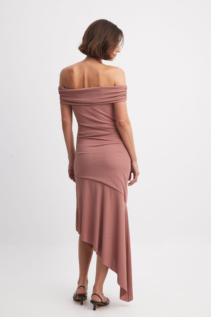 Off Shoulder Flounce Midi Dress - Pink
