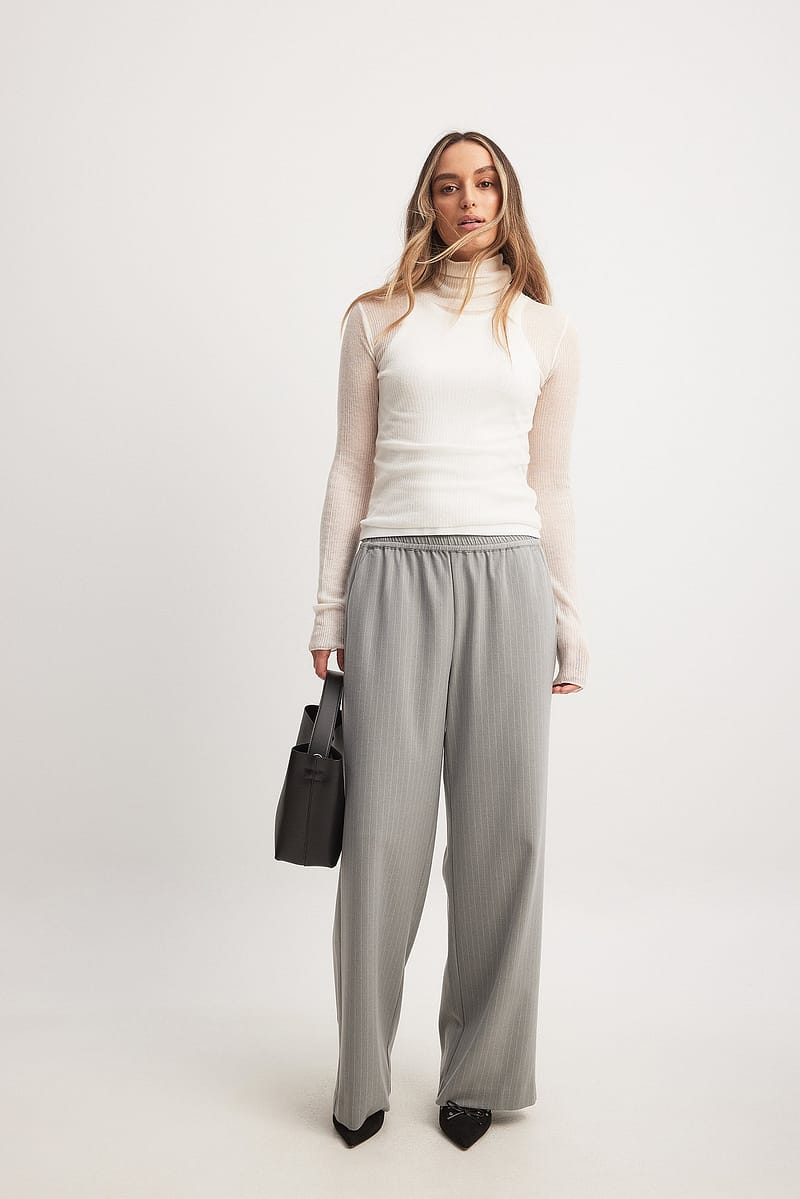 Elastic Mid Waist Pants - Stripe / Grey