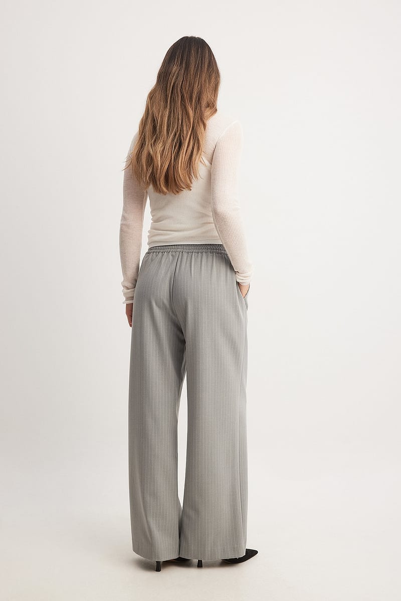 Elastic Mid Waist Pants - Stripe / Grey