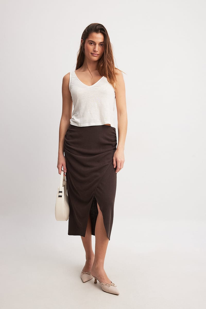 Linen Mix Midi Skirt - Brown