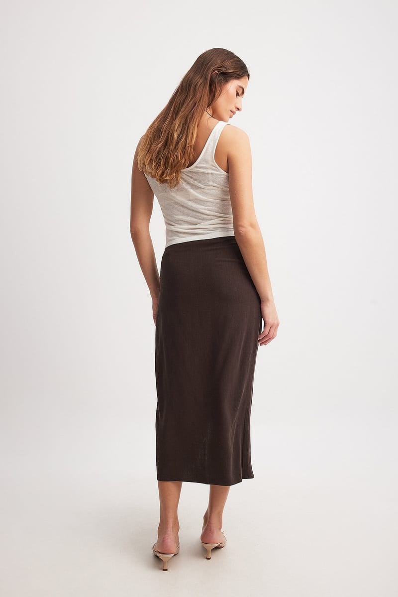 Linen Mix Midi Skirt - Brown
