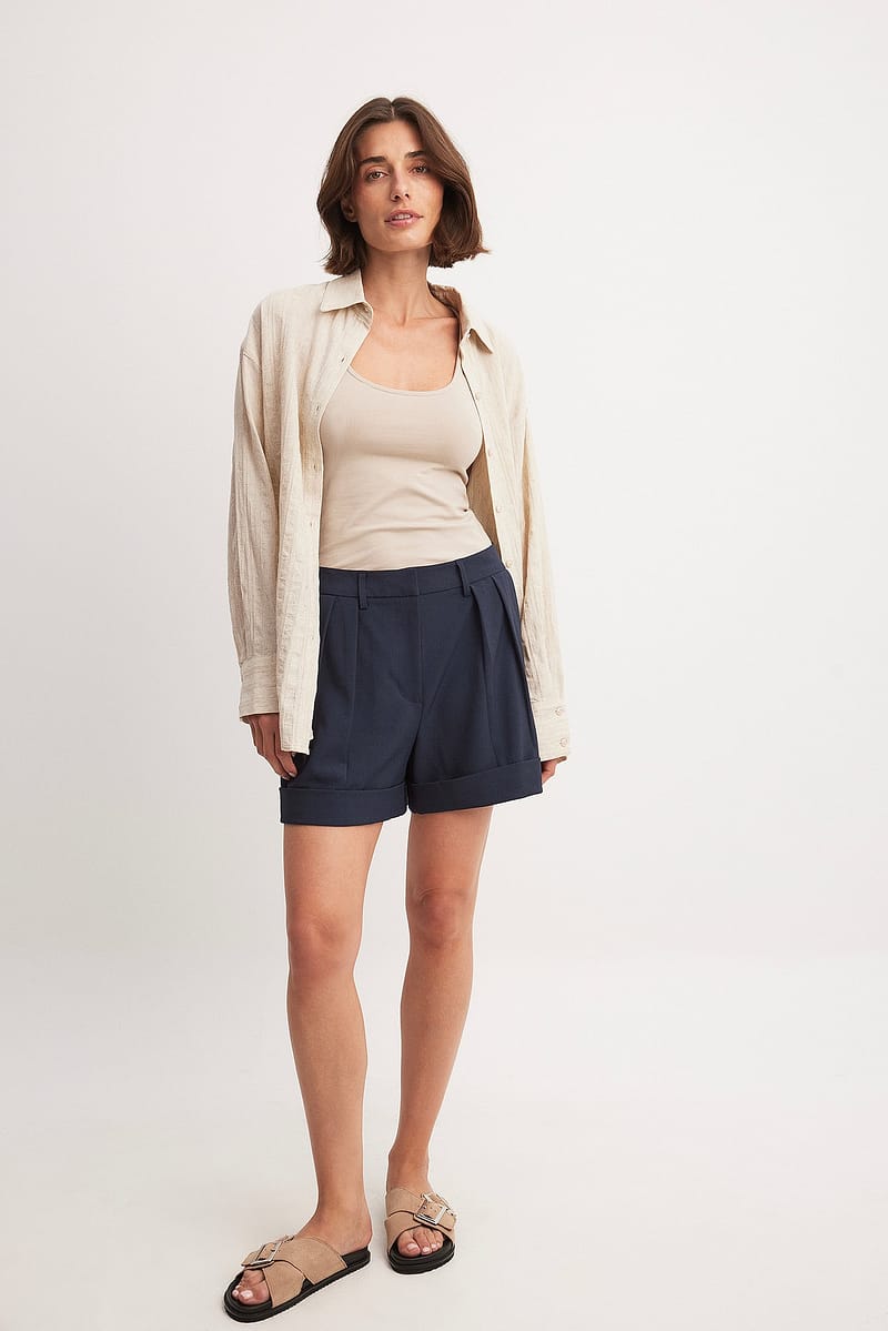 Fold Up Wide Leg High Waist Shorts - Navy