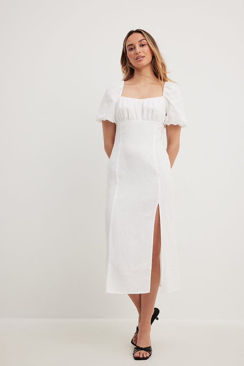 Ruched Chest Slit Linen Dress
