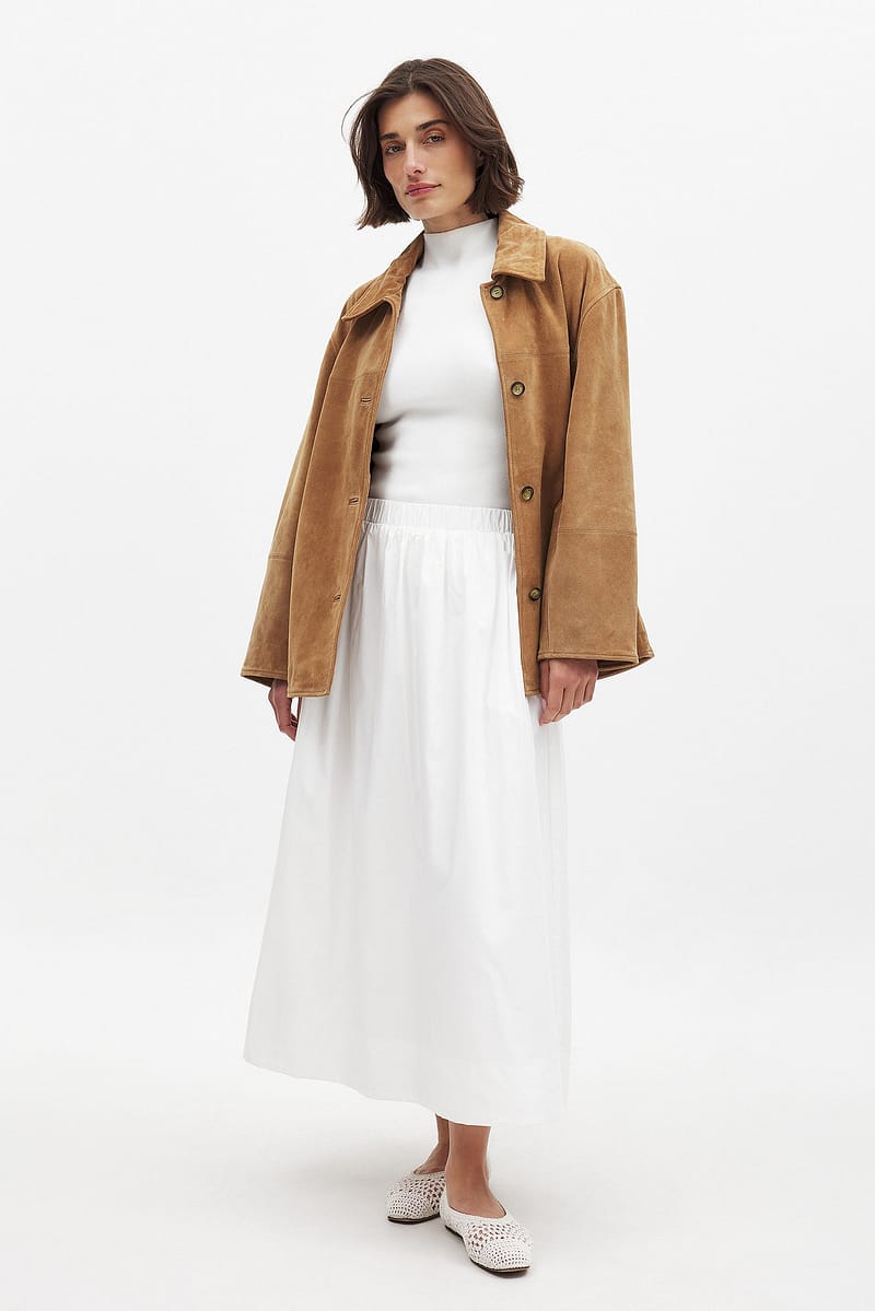 Elastic Waist Cotton Midi Skirt - White