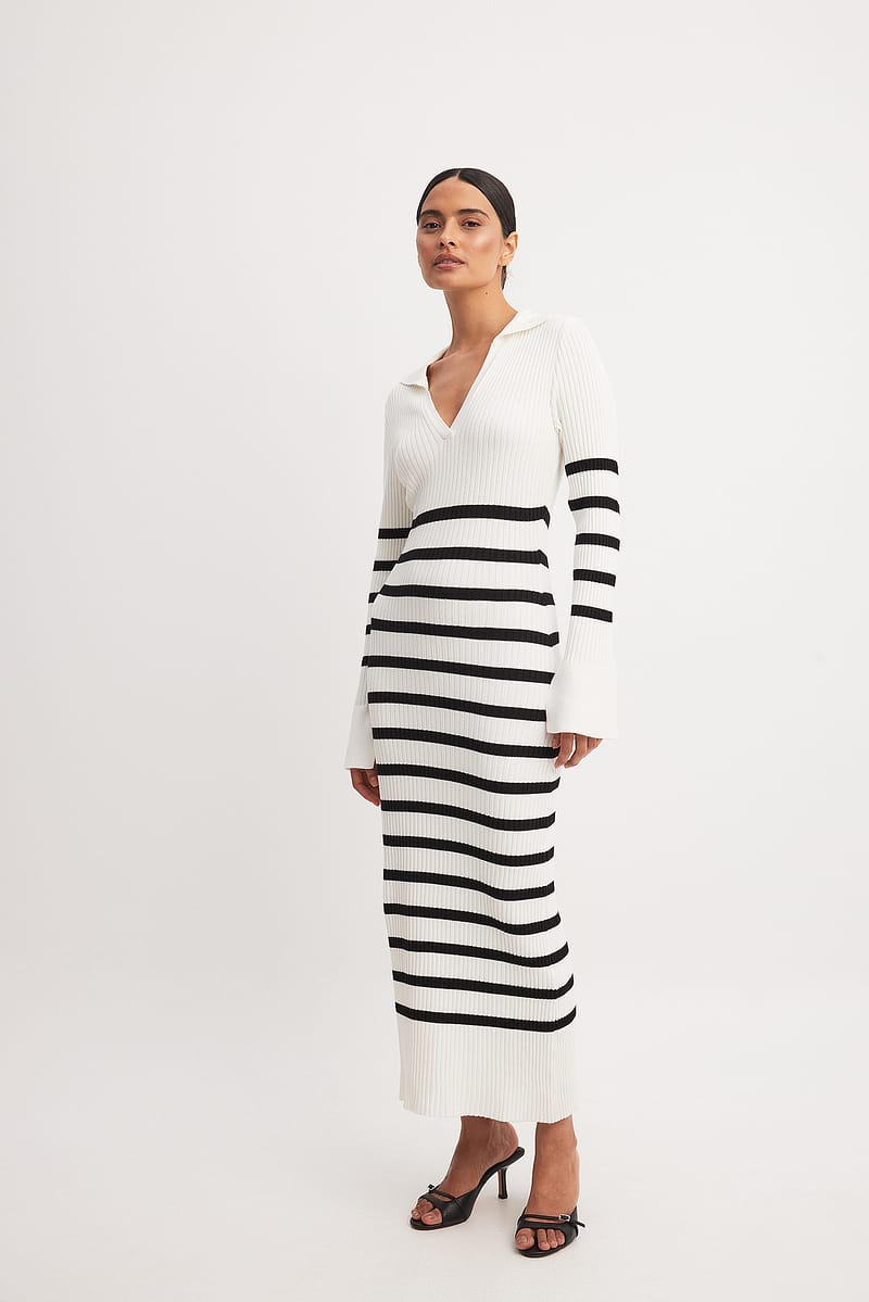 Striped Rib Knitted Trumpet Sleeve Dress