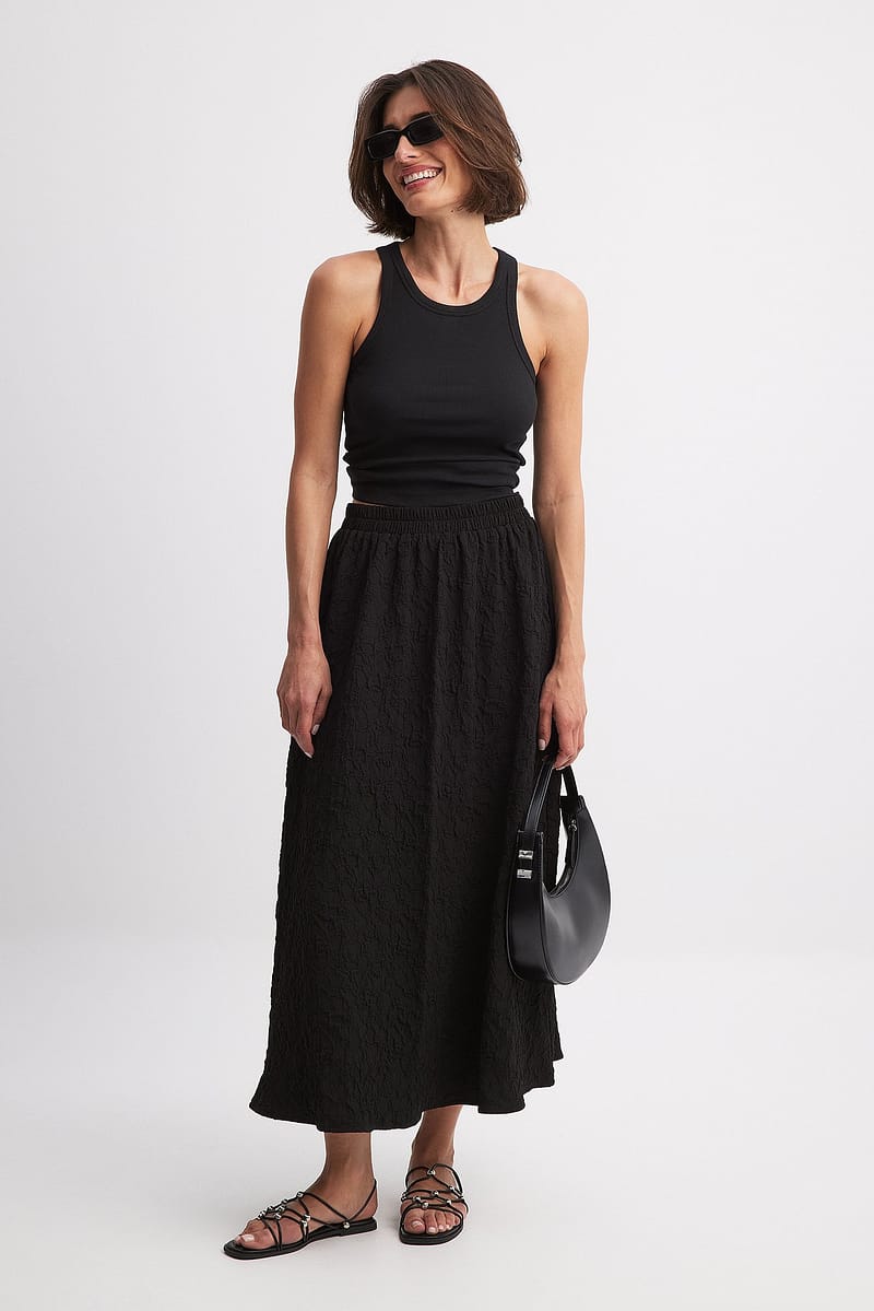 Elastic Waist Structured Midi Skirt - Black