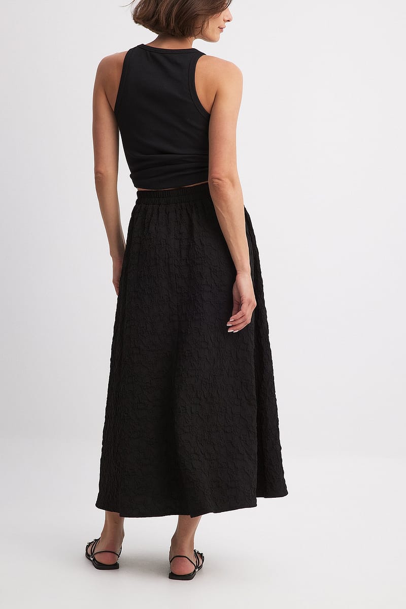Elastic Waist Structured Midi Skirt - Black