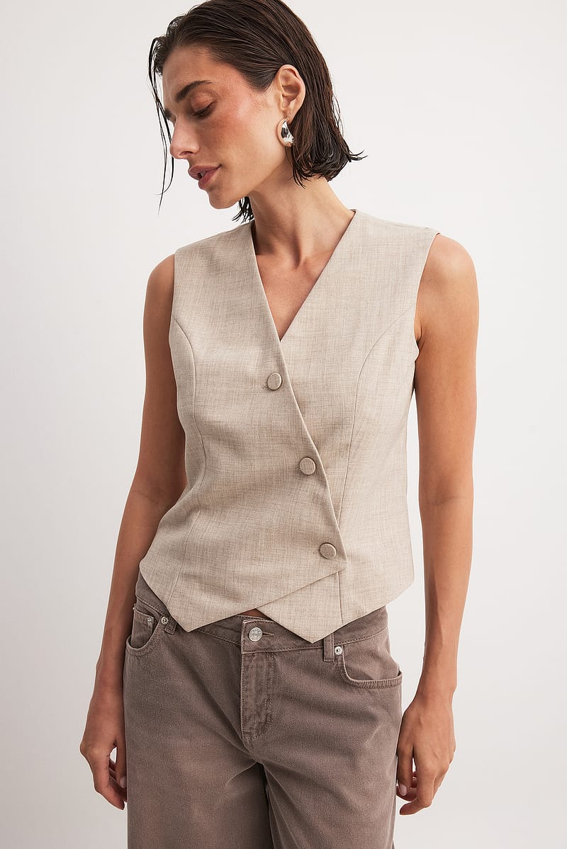 Asymmetric Buttoned Vest - Beige