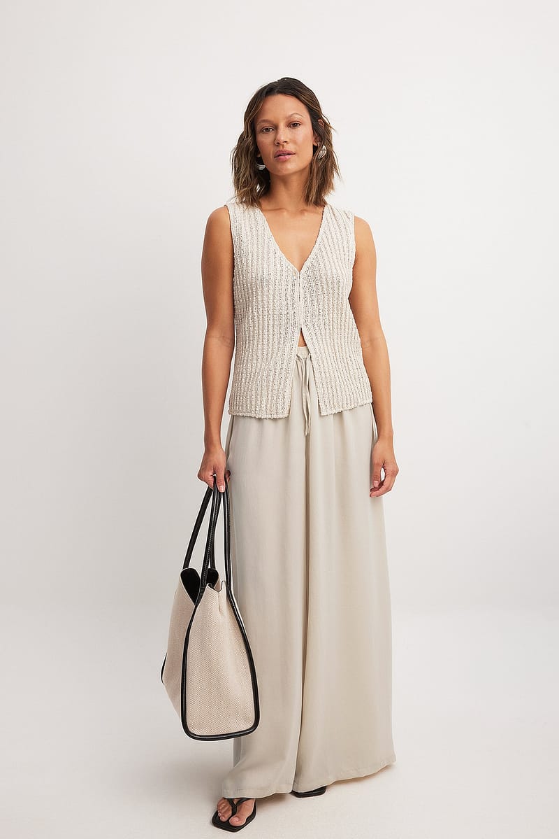 High Waist Wide Leg Pants - Light Beige