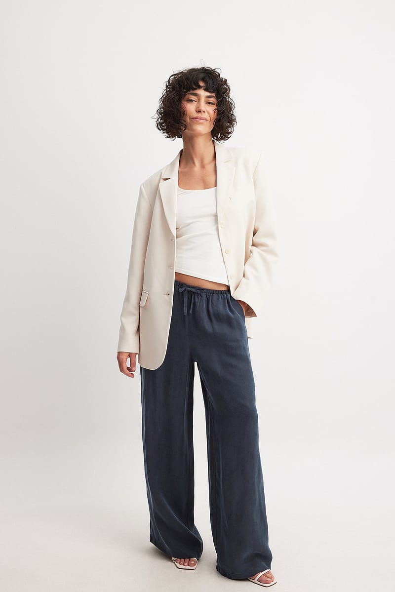 Cupro Blend Elastic Waist Pants - Navy