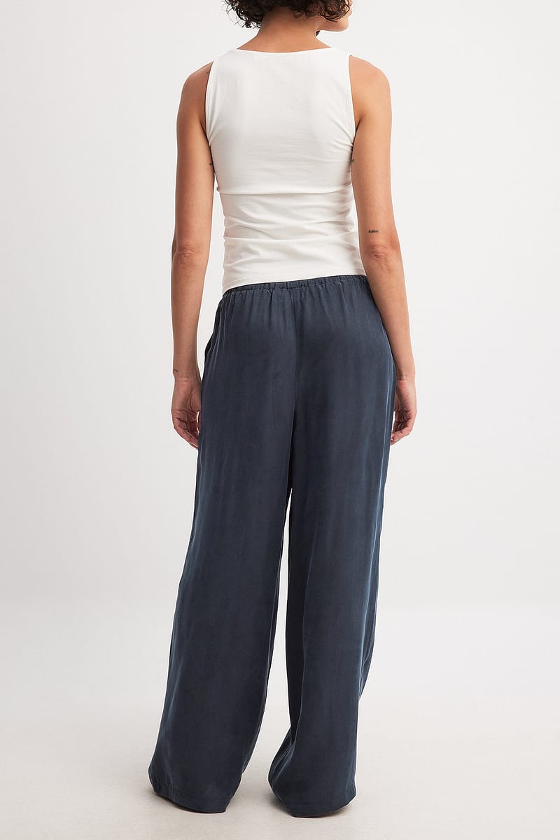Cupro Blend Elastic Waist Pants - Navy