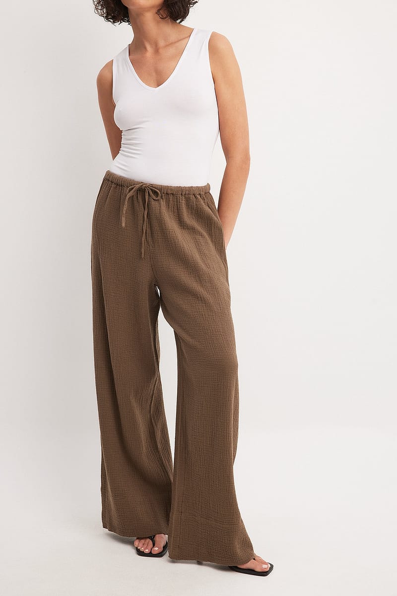 Wide Leg Mid Waist Pants - Brown