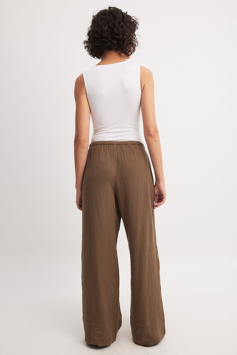Wide Leg Mid Waist Pants - Brown