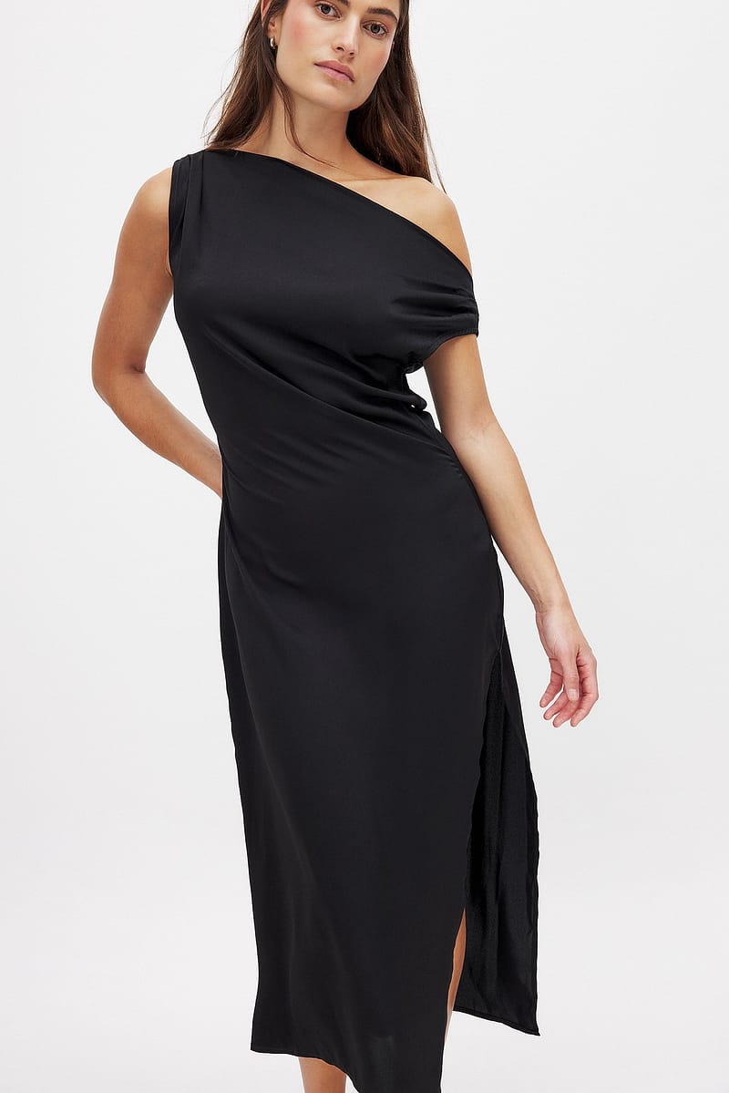 Satin One Shoulder Midi Dress - Black