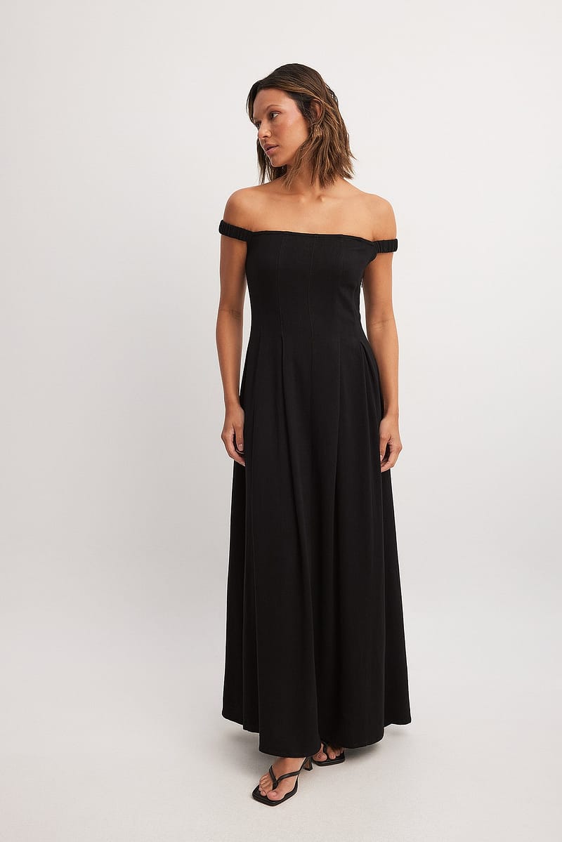 Off Shoulder Linen Blend Maxi Dress - Black