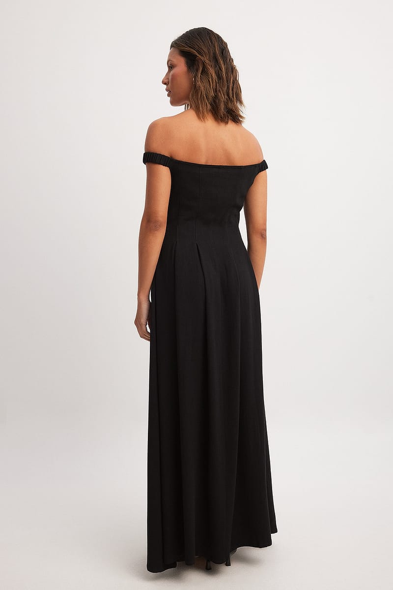Off Shoulder Linen Blend Maxi Dress - Black