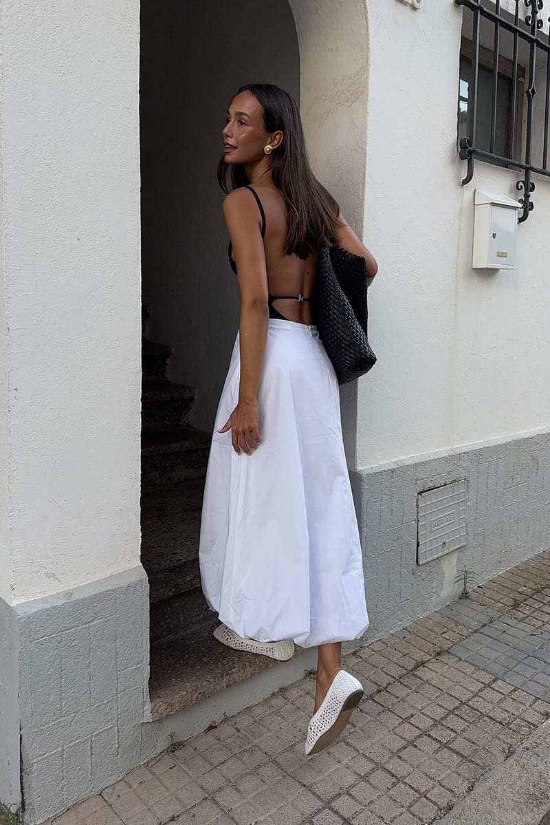 Ballon Hem Midi Skirt - White
